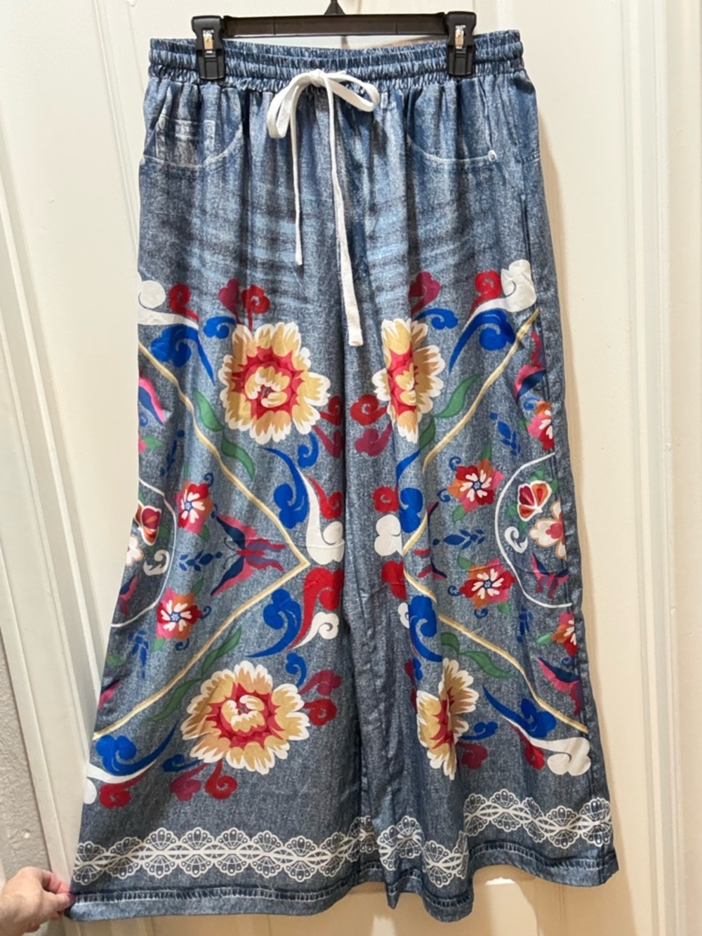 SHEIN Lune Plus Blue Floral Maxi Wide Leg Pants w/ Drawstring Waist -Faux Denim